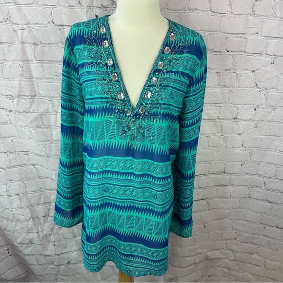 sante' c;assocs Teal Blue Patterned Tunic with Embellished Neckline sz XL beach - Picture 1 of 7